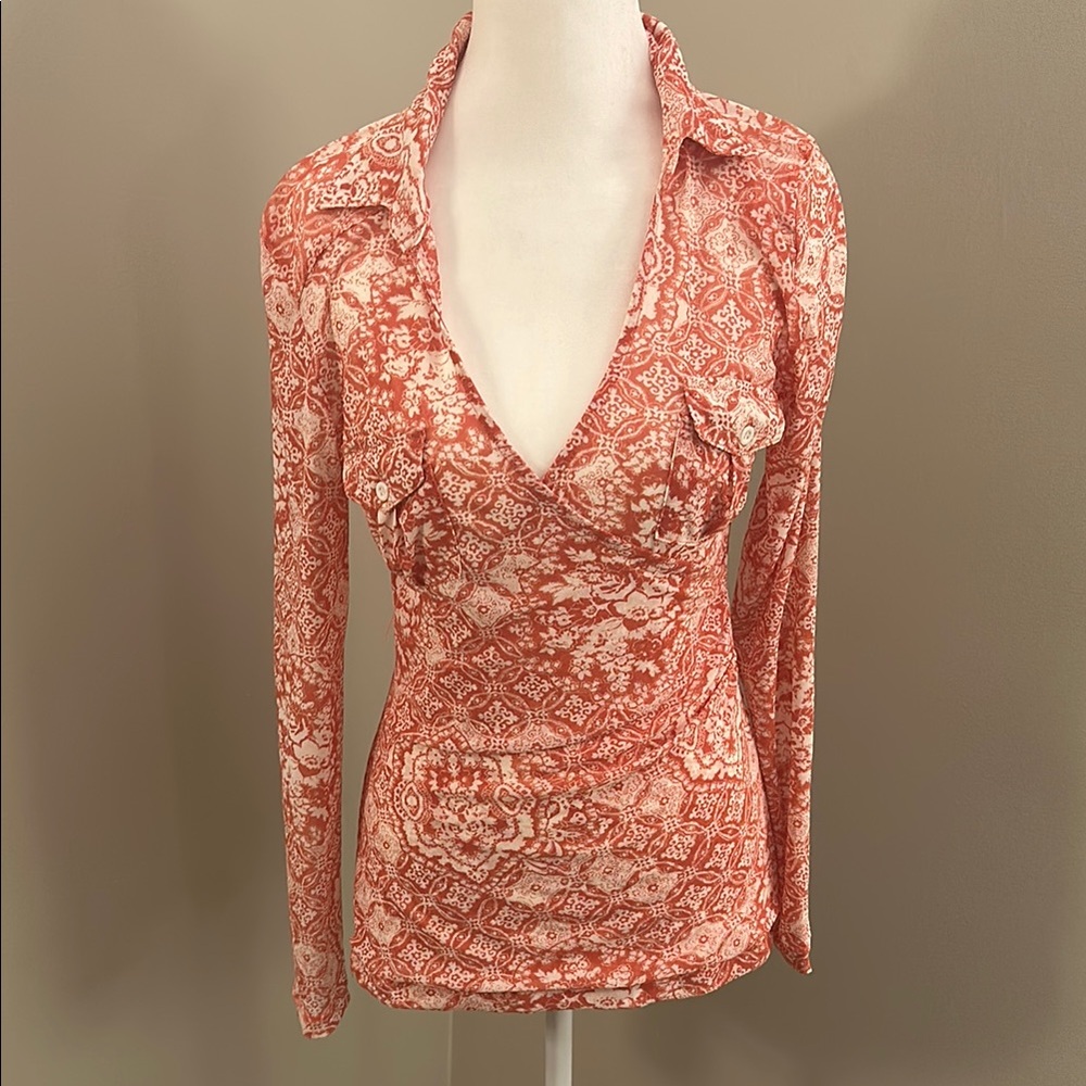 DNA Sheer Boho Pattern V-Neck Faux-wrap Long Sleeve Top in Coral color, Sz M